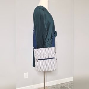 Thirty-One Navy and White Twill Striped Crossbody Bag Green Inside